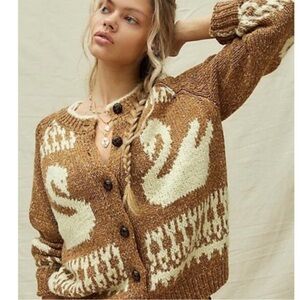 Kimchi Blue: Swan Jacquard Button Down Long Sleeve Cardigan